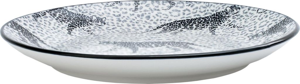A single shallow bowl with a leopard print pattern and black trim, shown from a side-diagonal angle on a white background.