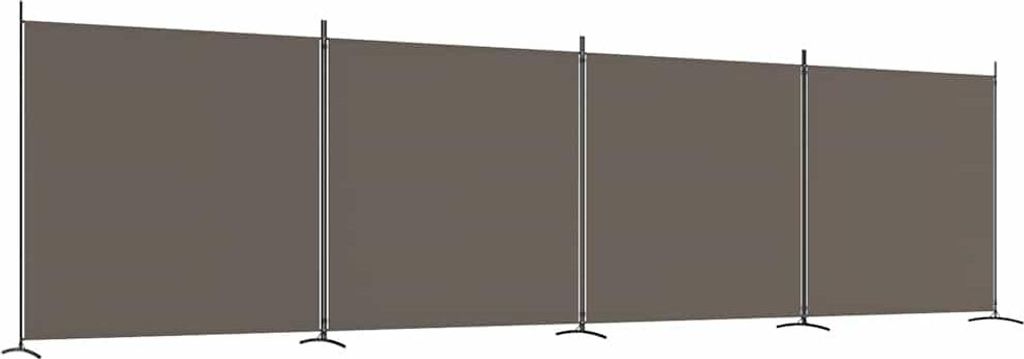 A long, neutral-colored fabric screen divided into four sections by thin metal poles, standing on a white background.