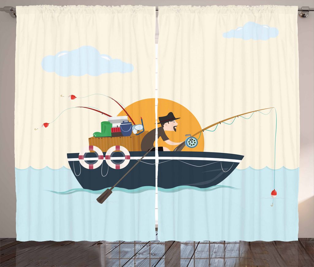 ABAKUHAUS Vintage Boat Rustikaler Vorhang, Fisher Man Hobby, Wohnzimmer Universalband Gardinen mit Schlaufen und Haken, 280 x 175 cm, Mehrfarbig