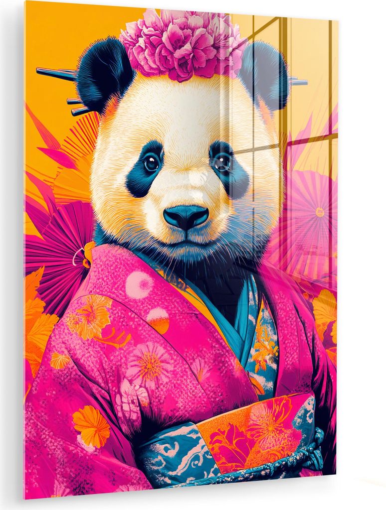 MuchoWow Glasbilder - Bilder auf Wandbild - Foto auf Glas Kimono - Rosa - Panda - Blumenkrone 60x80 cm Wanddekoration aus Glas - Acrylglasbild - Ac...