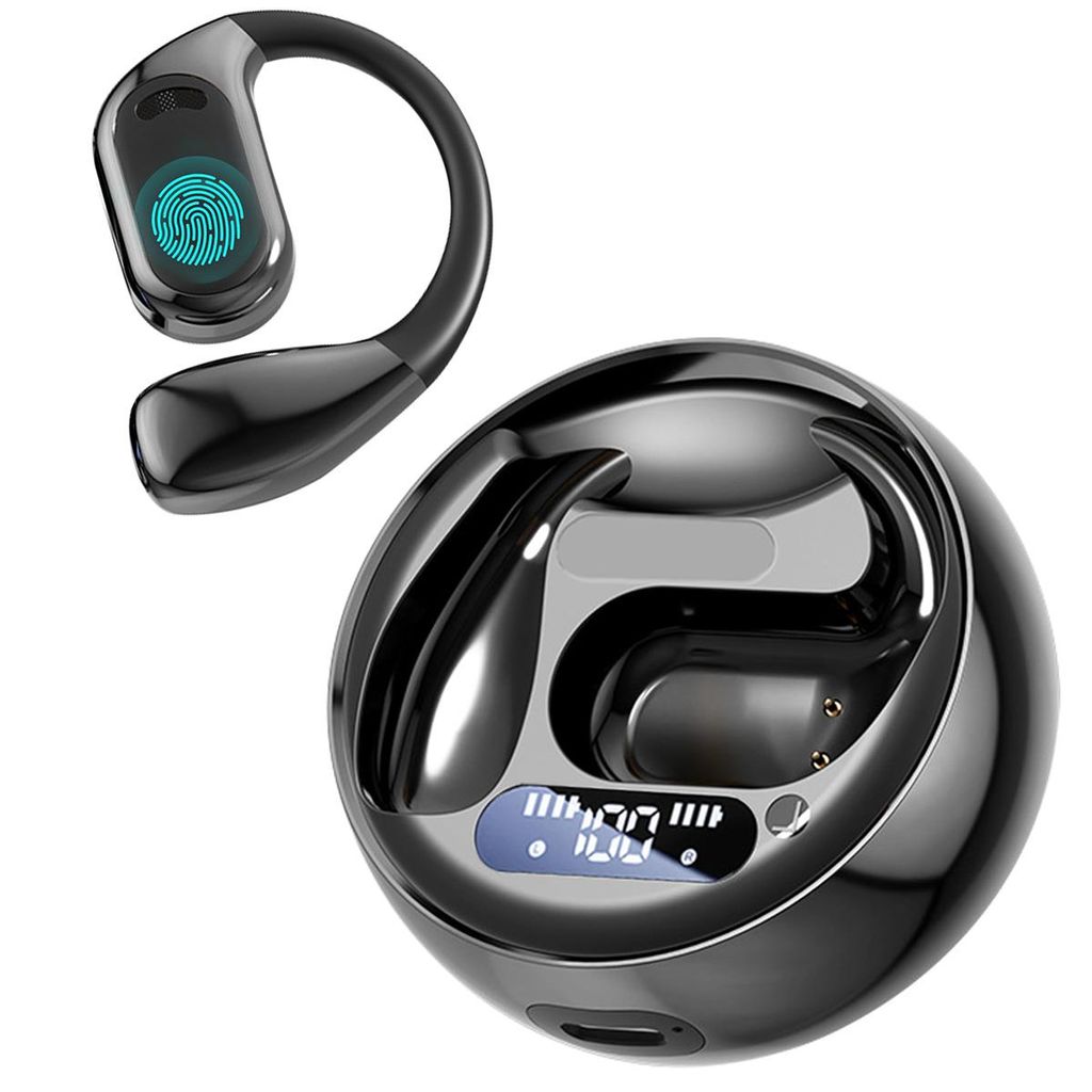 A pair of black wireless earbuds and their charging case are displayed against a white background.