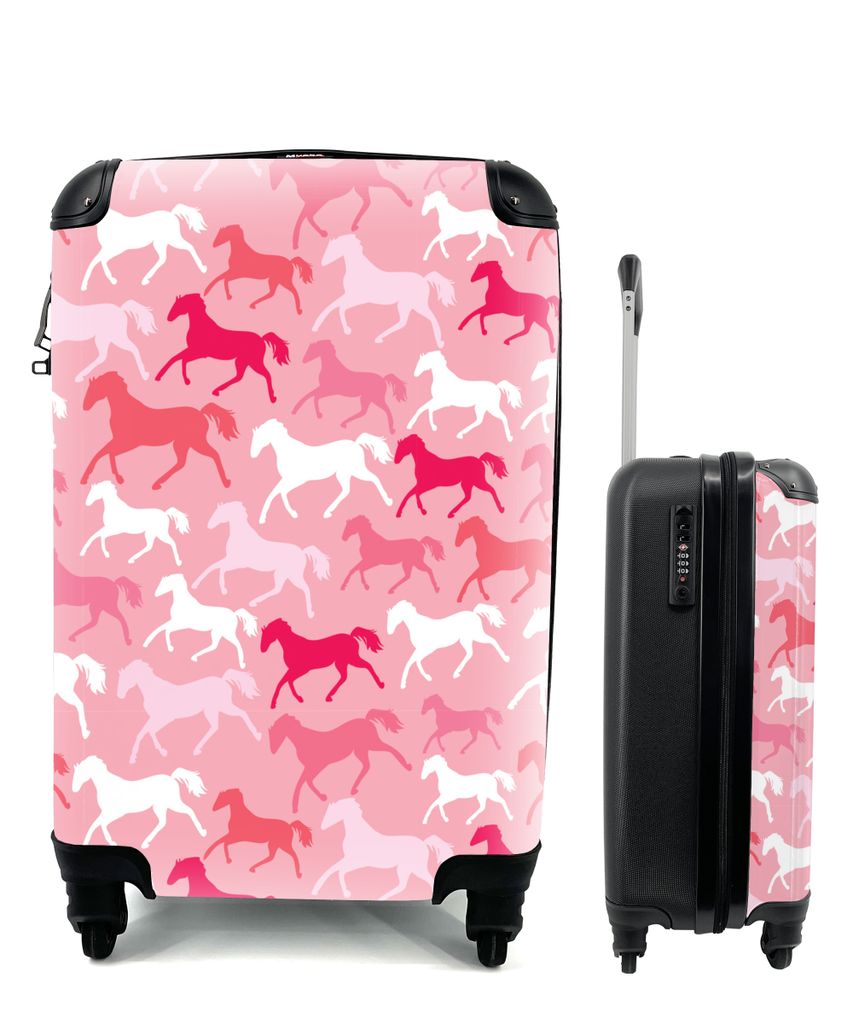 MuchoWow Koffer Handgepäck Trolley Rollkoffer Kleine Reisekoffer mit 4 Rollen - Pferde - Rosa - Silhouette - Mädchen - Kinder - Mädchen - Cabi...