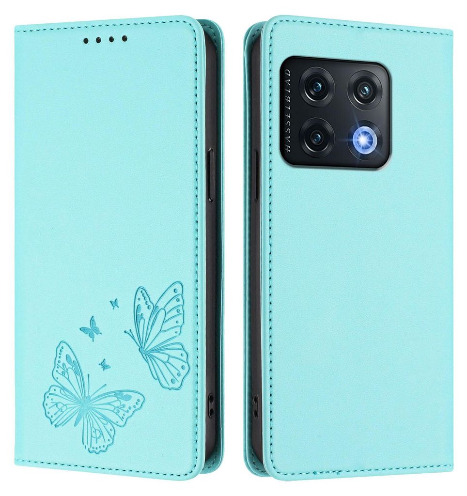 Lederhülle für OnePlus 10 Pro, Schmetterling Prägung Leder Brieftasche Schutzhülle mit Ständer Türkis