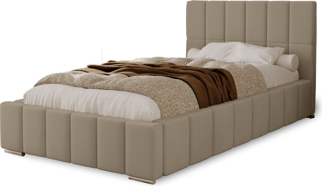 Polsterbett Alma 100x200 cm, Bett mit Kopfteil, Doppelbett mit Bettkasten, Lattenrost und Matratze aus Holz, Velourstoff: Hellbraun