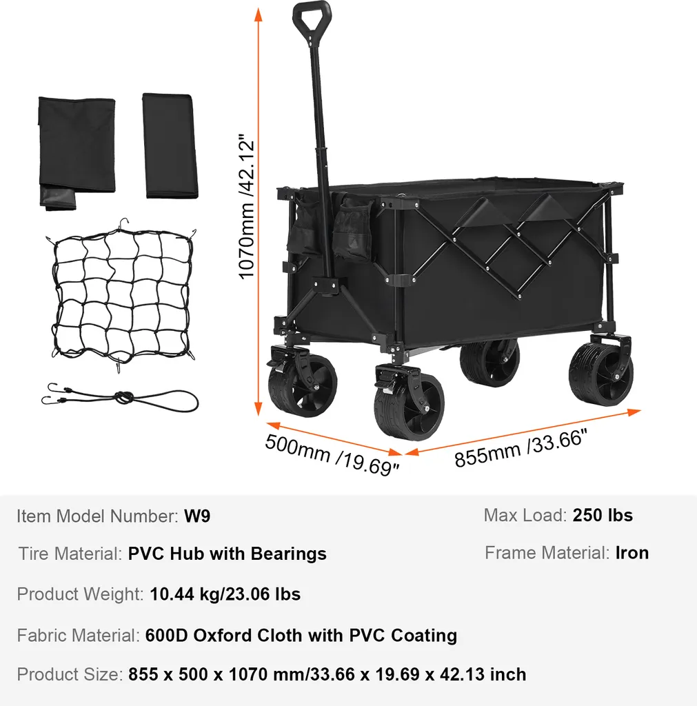 SucceBuy Carrello pieghevole da, 113 l carrello da spiaggia con ruote per tutti i terreni, robusto carrello pieghevole, capacità di carico di 250 lbs con portabicchieri, carrello sportivo per campeggio, shopping, giardinaggio - 7