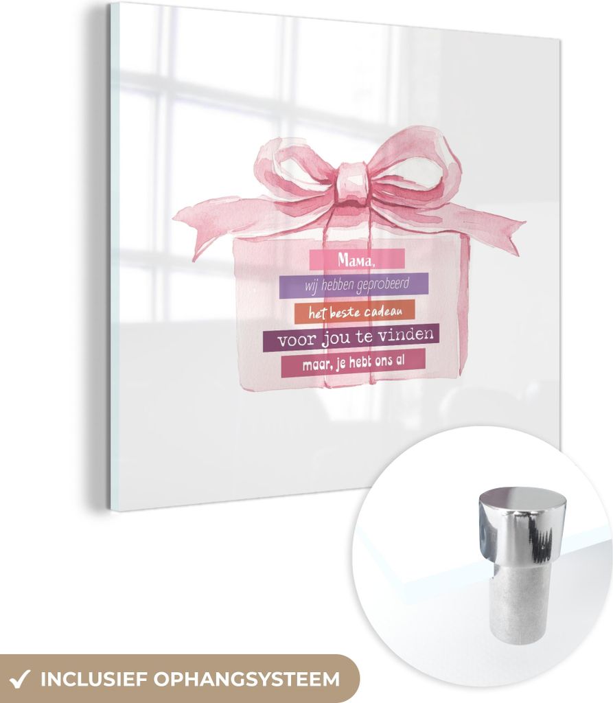 MuchoWow Glasbilder - Bilder auf Wandbild - Foto auf Glas Geschenk - Schleife - Text - Rosa 40x40 cm Wanddekoration aus Glas - Acrylglasbild - Acry...