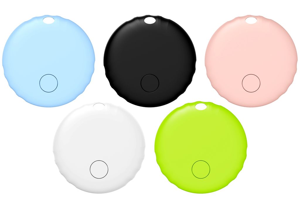 Five round trackers in different colors arranged in a semi-circle on a white background.