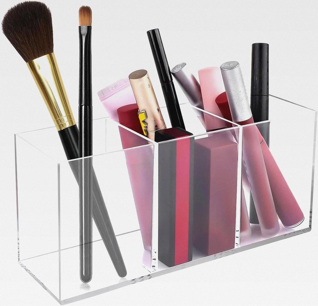 Acrylic Pinselhalter, 3 Fächern Make Up Organizer, Klarer Schminktisch Organizer, Schmink Organizer für Pinsel, Eyeliners, Lippenstift, Schminkti...