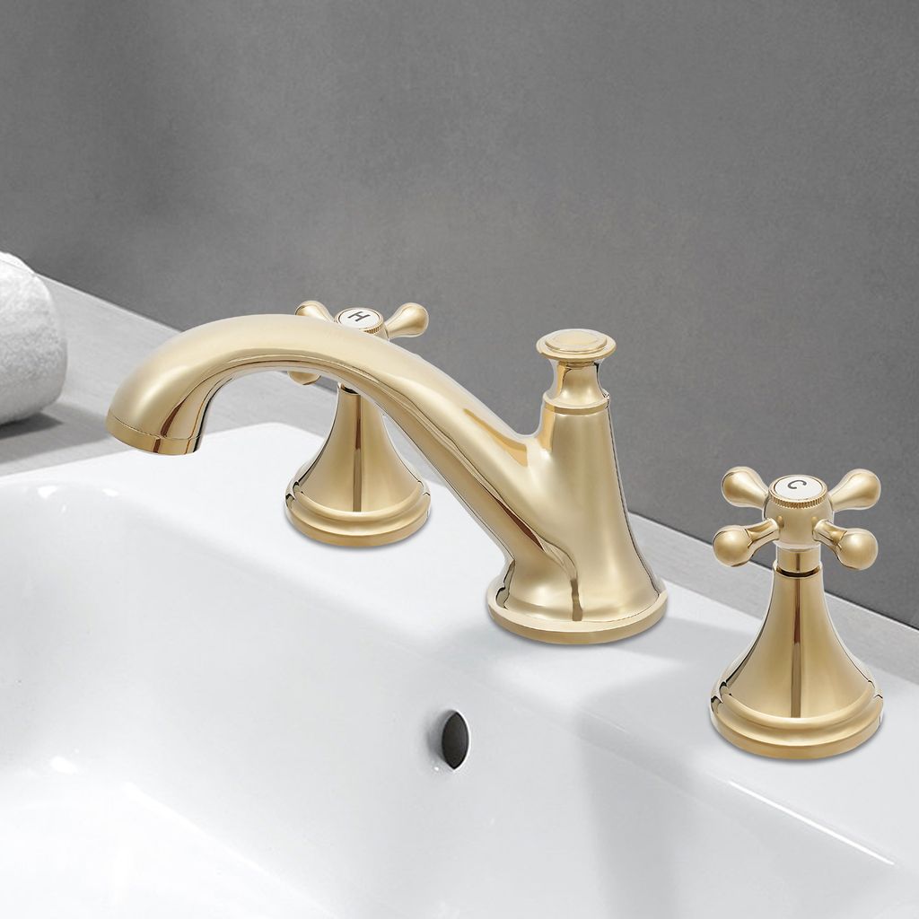 Waschtischarmatur 3 Loch Wasserhahn Bad Gold Wannenrandarmatur Waschbecken Mischbatterie mit 2 Griff