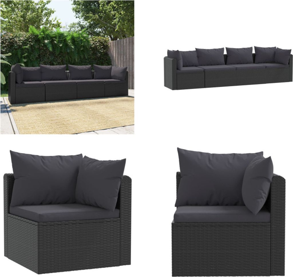 vidaXL 4 tlg. Garten Sofagarnitur mit Auflagen Poly Rattan Schwarz - Gartensofa - Gartensofas - Lounge - Loungen