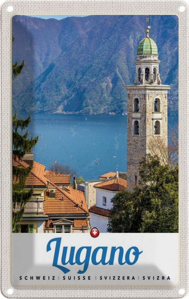 vianmo Blechschild 30x20 cm Lugano Schweiz See Kirche Gebirge Bildmotiv Reisemotiv Abenteuer Reisen Urlaub