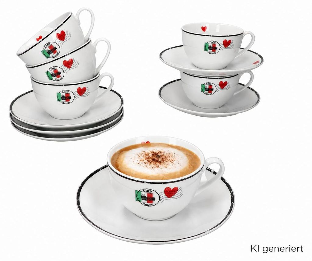 12tlg Cappuccinotassen Set Caffee Amore 200ml Herz-Dekor Produktbild 