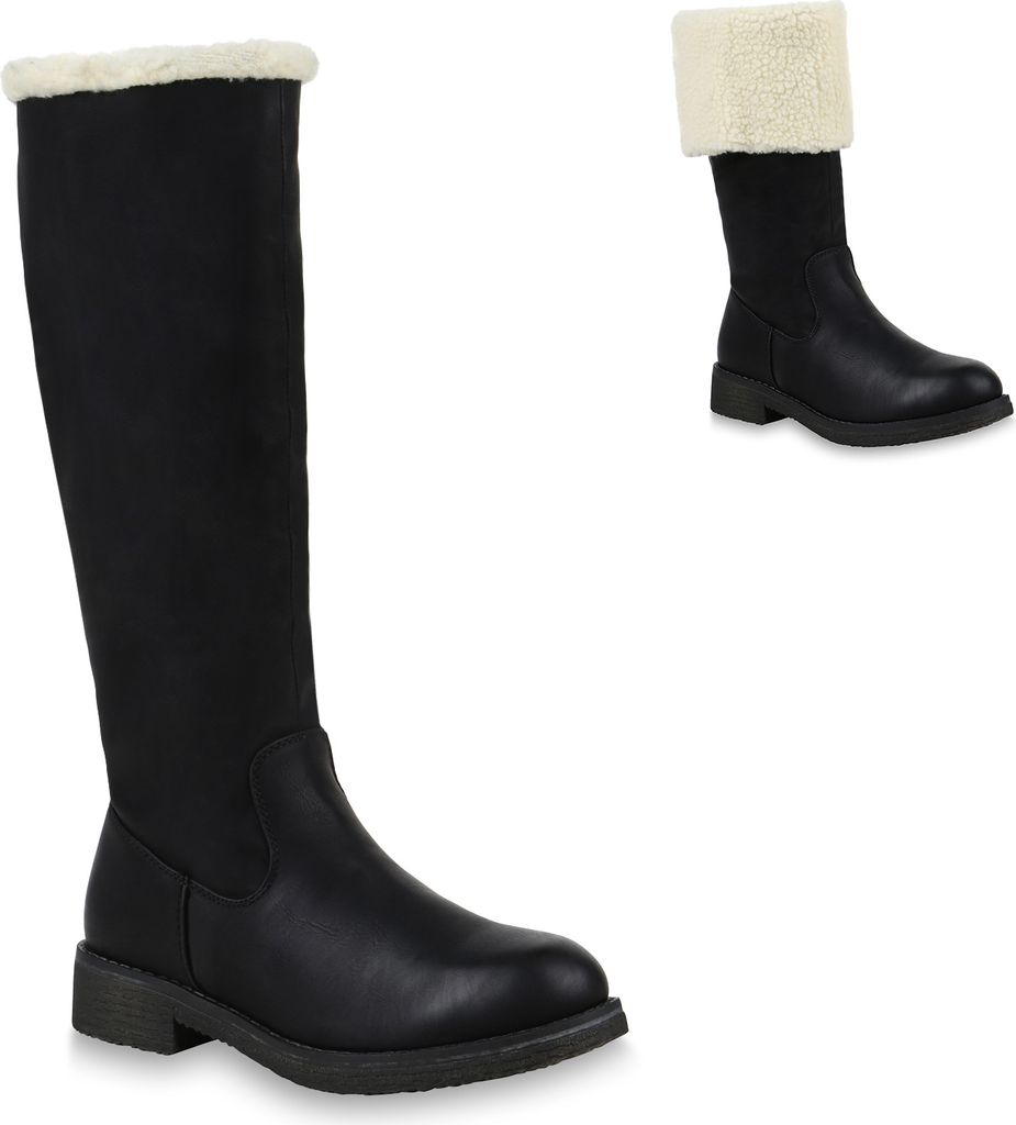 A pair of black winter boots with cream-colored faux fur trim is shown against a white background. A smaller, inset image shows a similar boot with the fur trim folded down.
