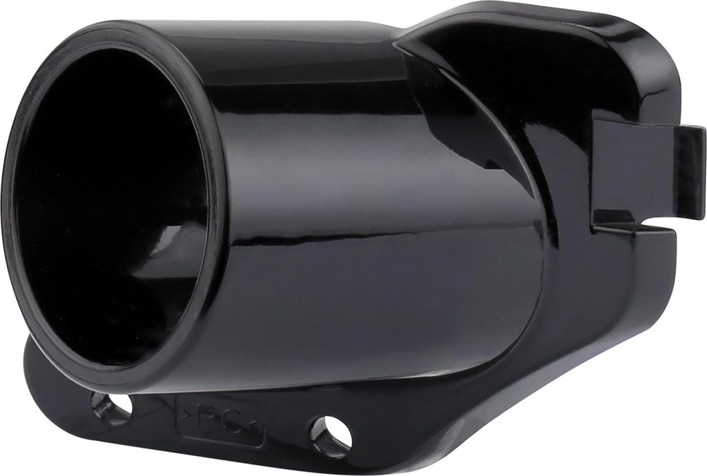 A black plastic dust extraction nozzle for a circular saw.