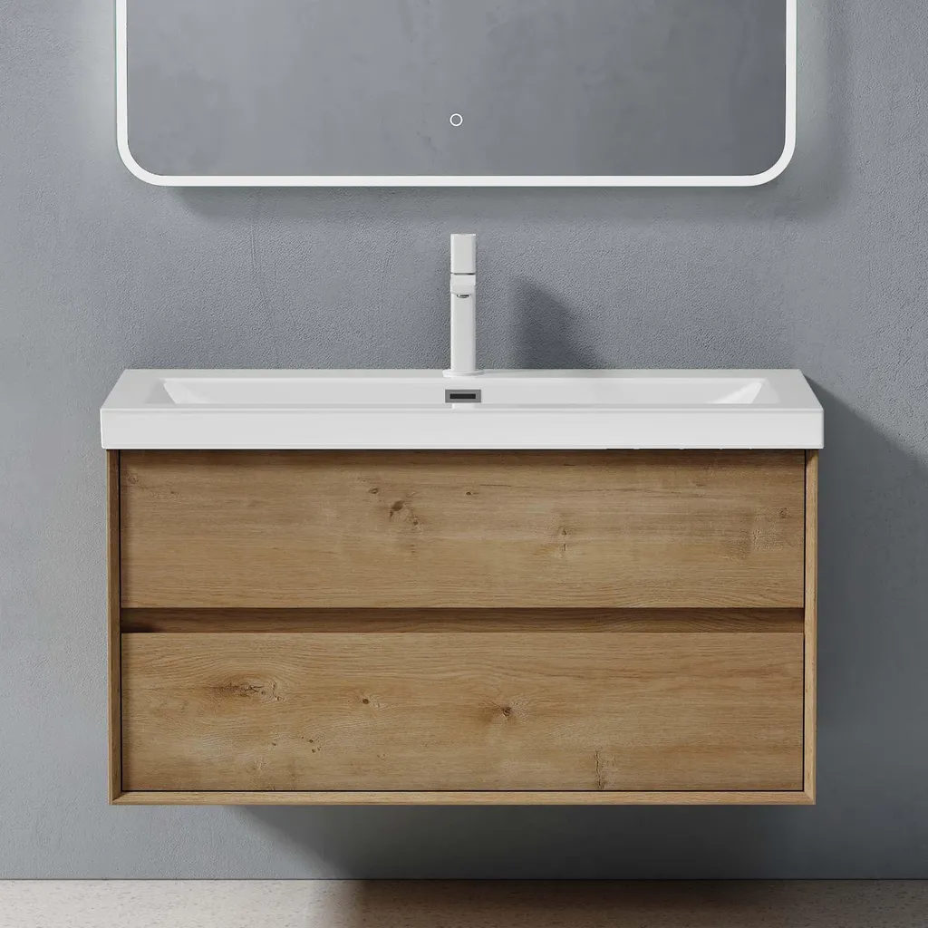 Meuble Vasque 100cm Marron Clair Suspendu pour Salle de Bain Design