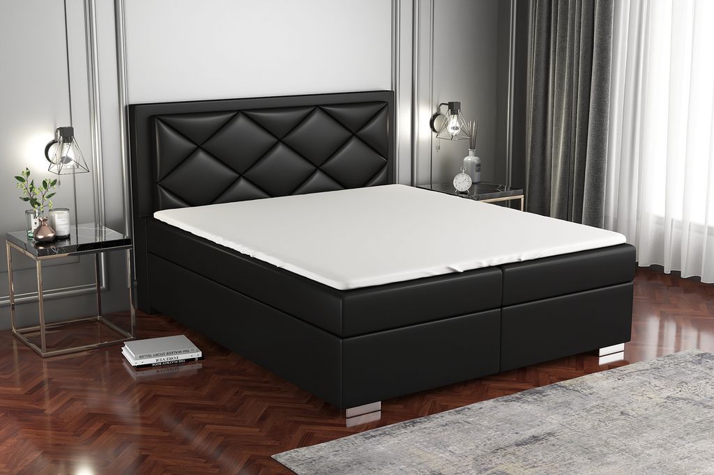 Boxspringbett BERA 200x200 mit 2 Bettkästen, Bonell-Matratze und Topper. Farbe: Schwarz