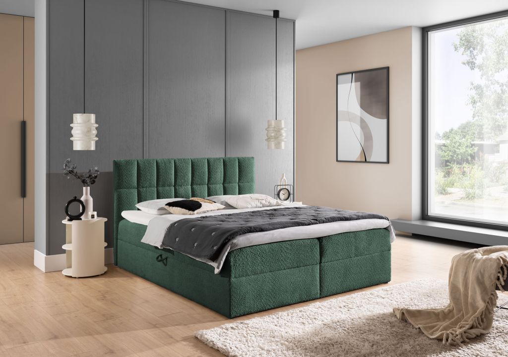 Doppelbett mit Polsterung 160x200 ALIBINA - Flaschengrün + Matratzenauflage