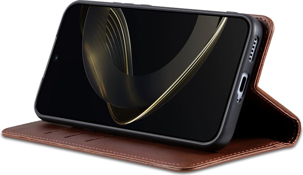 A brown leather flip case for a smartphone is shown in a studio setting.