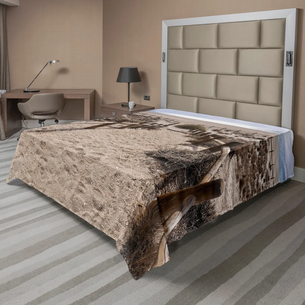 ABAKUHAUS Lenzuolo da spiaggia, San Miguel Strant vicino a Gate Cape Atlantik Küste Serene Holiday Warm Relax Scene, morbido e confortevole lenzuolo superiore per un letto decorativo 1 pezzo 266 cm x 260 cm, beige blu