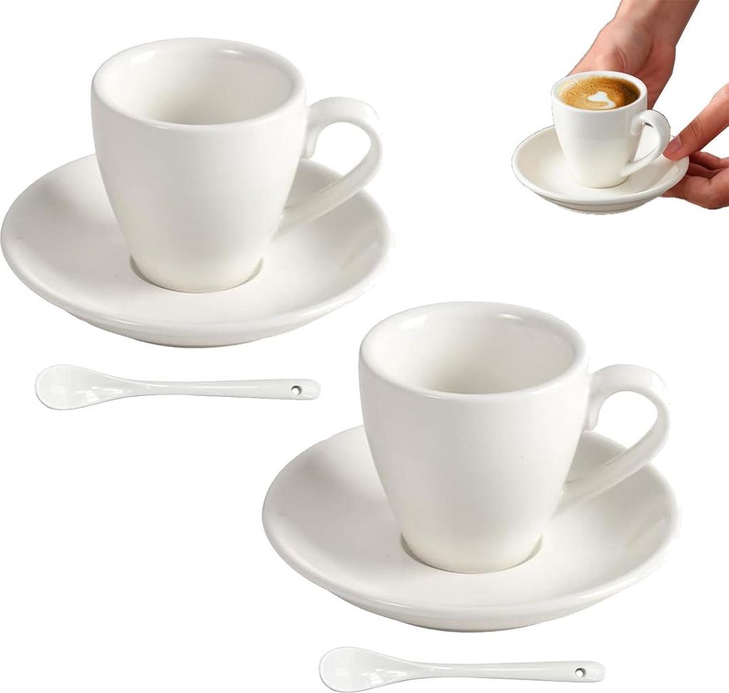 Espressotasse aus Porzellan mit Untertasse und Löffeln aus Edelstahl, Espresso-Schnapsbecher, 80 ml, Weiß( 2 Stück mit2 Löffeln)