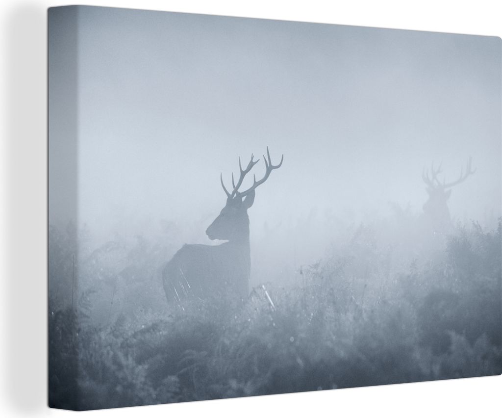 OneMillionCanvasses - Leinwandbilder - 140x90 cm, Hirsche - Nebel - Wald, Wandbilder Kunstdruck Wanddekoration - Foto auf Leinwand - Gemälde auf...