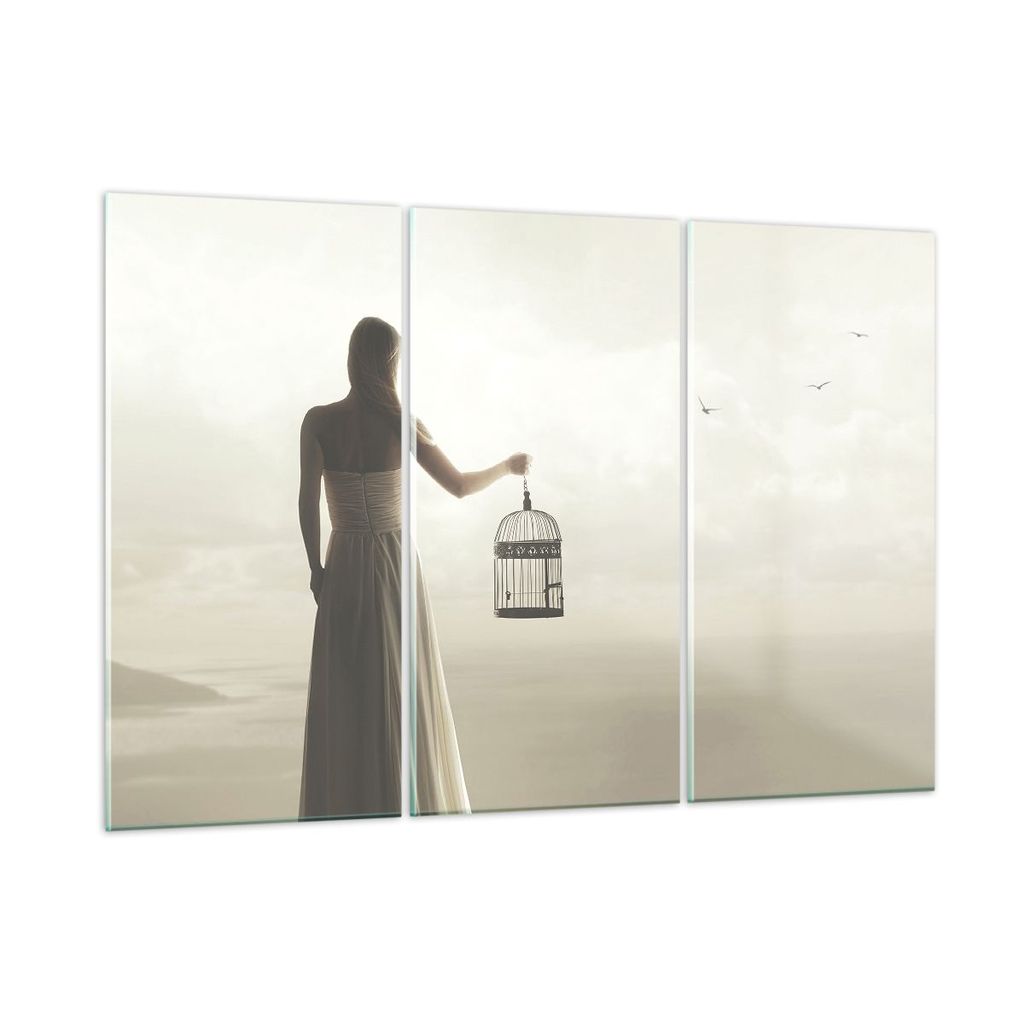 Bilder auf glas - 3 Teile - Frau Käfig Vogel - 105x70cm - Glasbilder - Wandbilder - Bilder - zum Aufhängen bereit - Wanddekoration aus Glas - Gla...