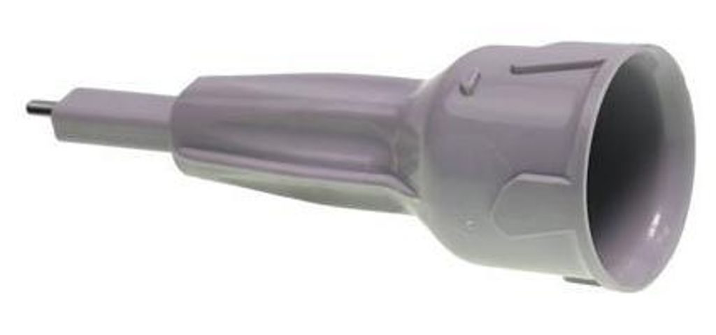 A gray plastic kitchen appliance attachment is shown against a white background.
