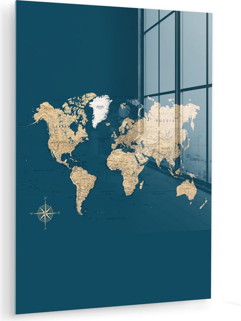 MuchoWow Glasbilder - Bilder auf Wandbild - Foto auf Glas Weltkarte - Dunkelblau - Beige 60x80 cm Wanddekoration aus Glas - Acrylglasbild - Acrylbi...