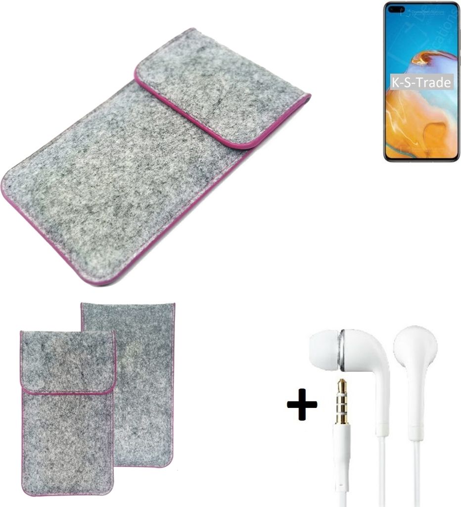 K-S-Trade Handy Schutz Hülle kompatibel mit Huawei P40 Schutzhülle Handyhülle Filztasche Pouch Tasche Case Sleeve Filzhülle hellgrau pinker Rand +