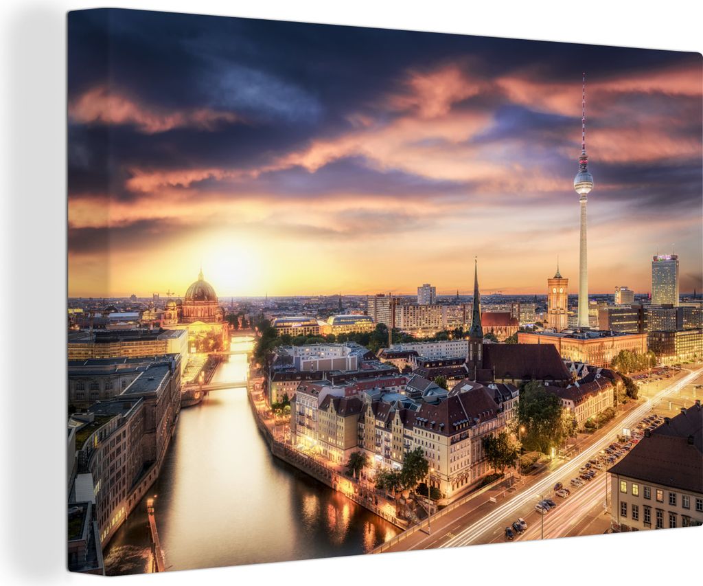 OneMillionCanvasses - Leinwandbilder - 140x90 cm, Berlin - Nacht - Stadt, Wandbilder Kunstdruck Wanddekoration