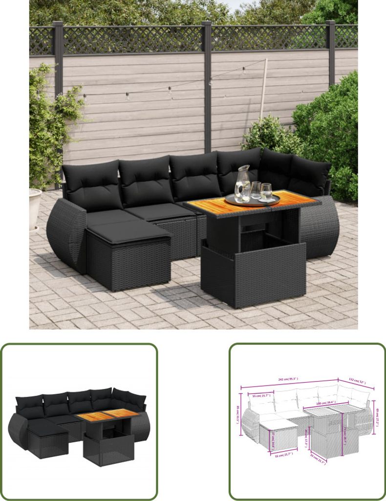 The Living Store 7-tlg. Garten-Sofagarnitur mit Kissen Schwarz Poly Rattan