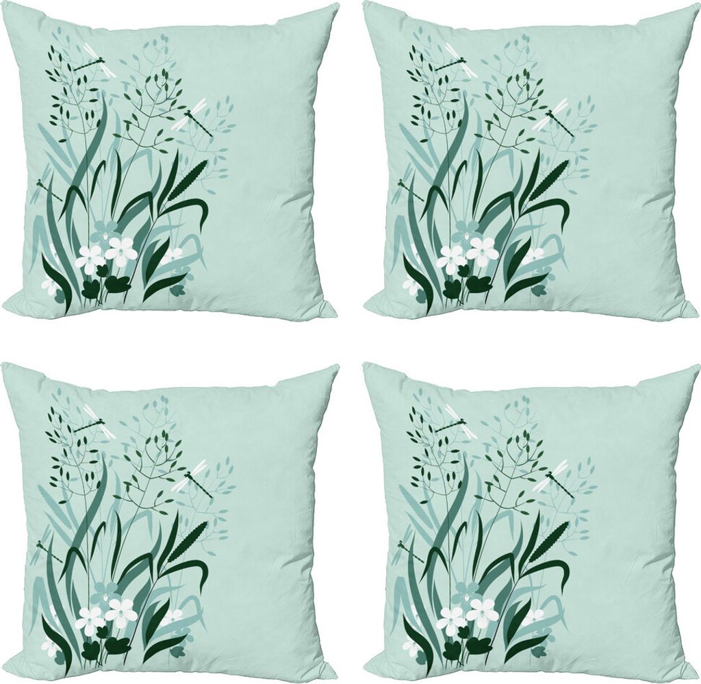 ABAKUHAUS Libelle Kissenbezug Set (4 Stück), Libellen Wild Grass, Moderner Doppelseitiger Digitaldruck, 45 cm x 45 cm, Blasses Grün