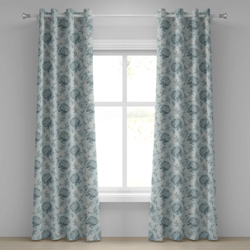 Rideau fleurs vintage shabby chic en tissu pastel bleu ciel et gris