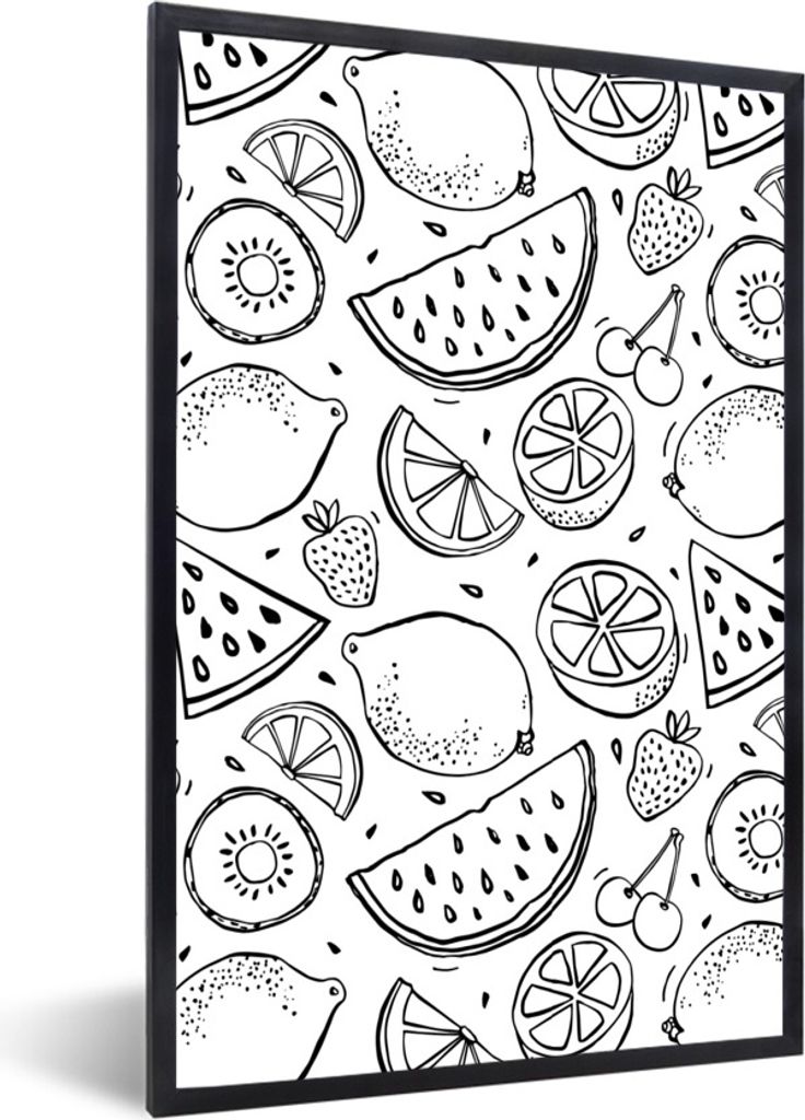 MuchoWow Gerahmtes Poster Obst - Muster - Schwarz - Weiß 40x60 cm - Poster mit Schwarzem Bilderrahmen Wandposter Rahmen Foto Bilder - Papierdruc...