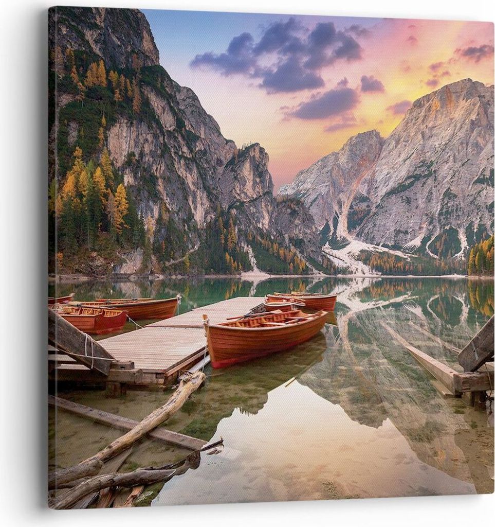 Bild auf Leinwand - Leinwandbild - Einteilig - Boote Berge See - 40x40cm - Wand Bild - Wanddeko - Wandbilder - Leinwanddruck - Bilder - Wanddekorat...