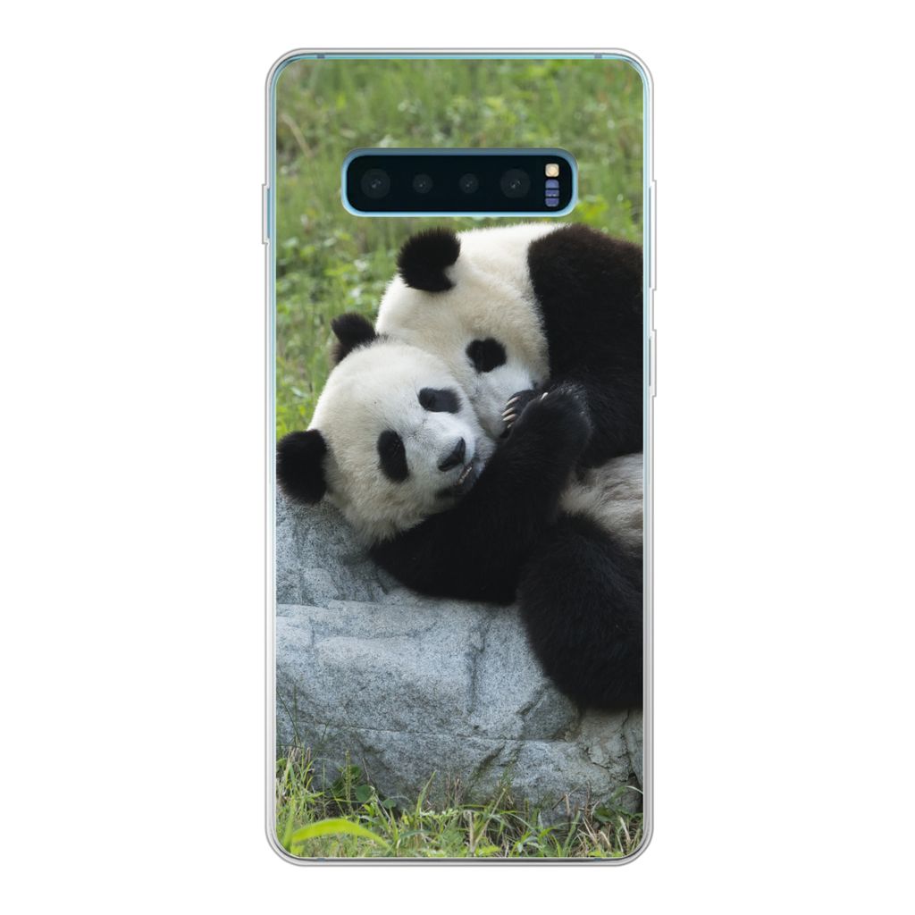MuchoWow Handyhülle Schutzhülle Hülle für Samsung Galaxy S10 Lite Pandas - Gras - Stein Silikon Softcase Handy Hülle - Schutz