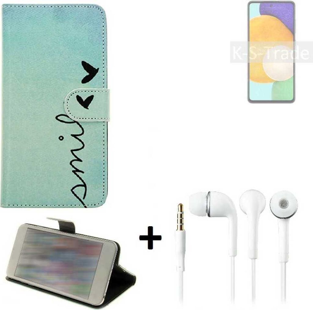 K-S-Trade Schutz Hülle Handy Hülle kompatibel mit Samsung Galaxy A52 5G 360° Wallet Case Schutz Hülle ''smile'' inkl. Ohrstöpsel Smartphone cover