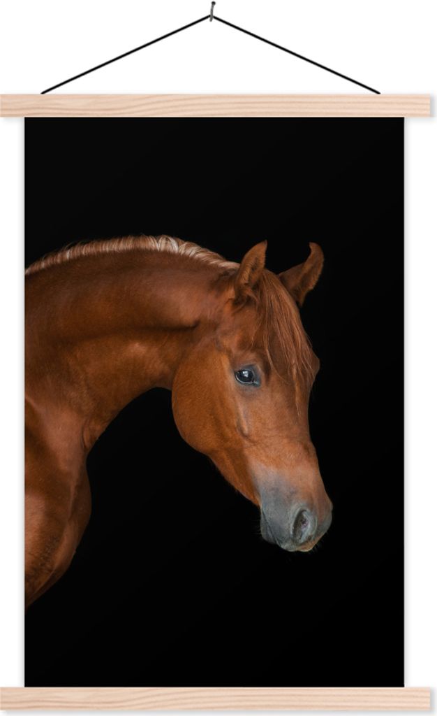 MuchoWow Textilposter Pferd - Schwarz - Tier 40x60 cm mit holzfarbenen Rahmen - Poster