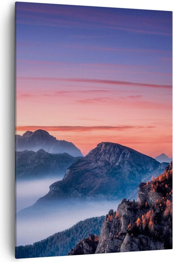Bild auf Leinwand - Leinwandbild - Einteilig - Westen Sonne Berge - 70x100cm - Wand Bild - Wanddeko - Wandbilder - Leinwanddruck - Wanddekoration -...