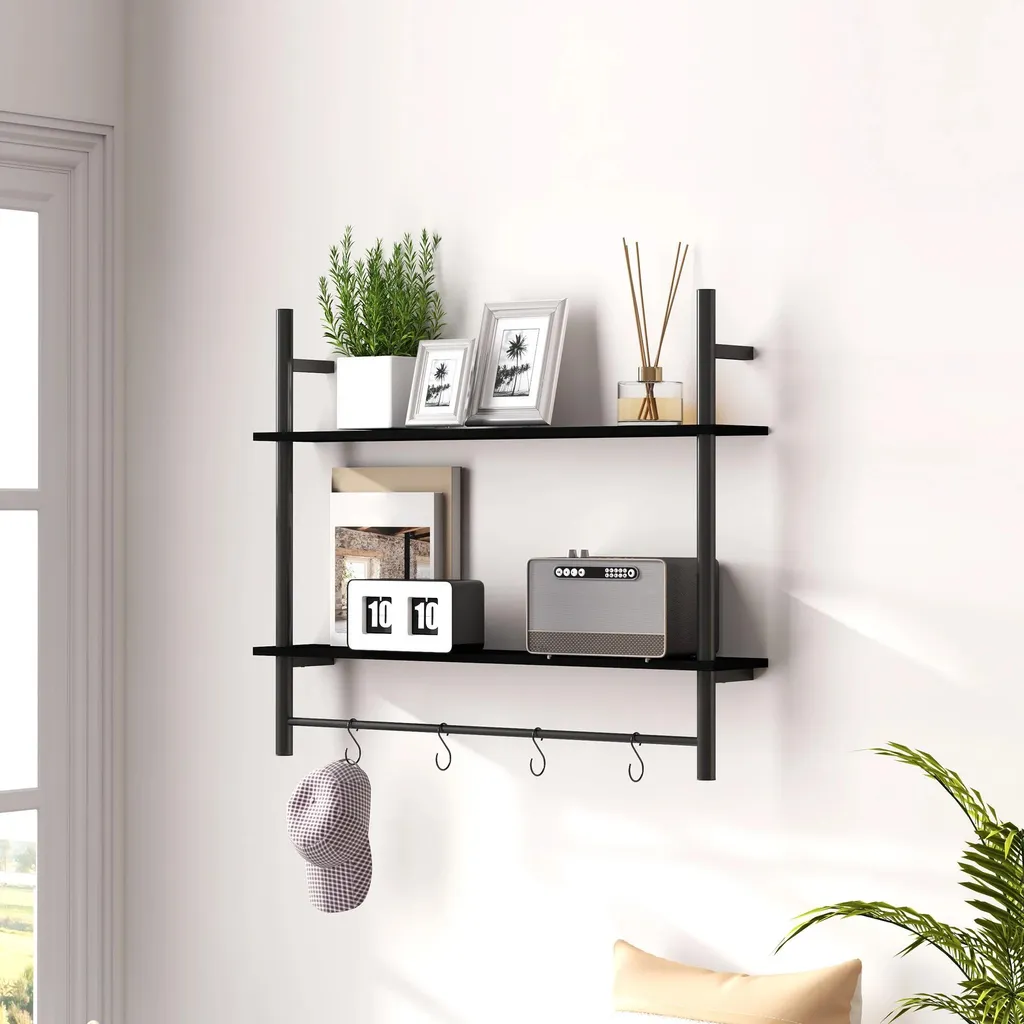 Étagère murale avec crochets noir 80x24x65 cm - Rangement 2 niveaux