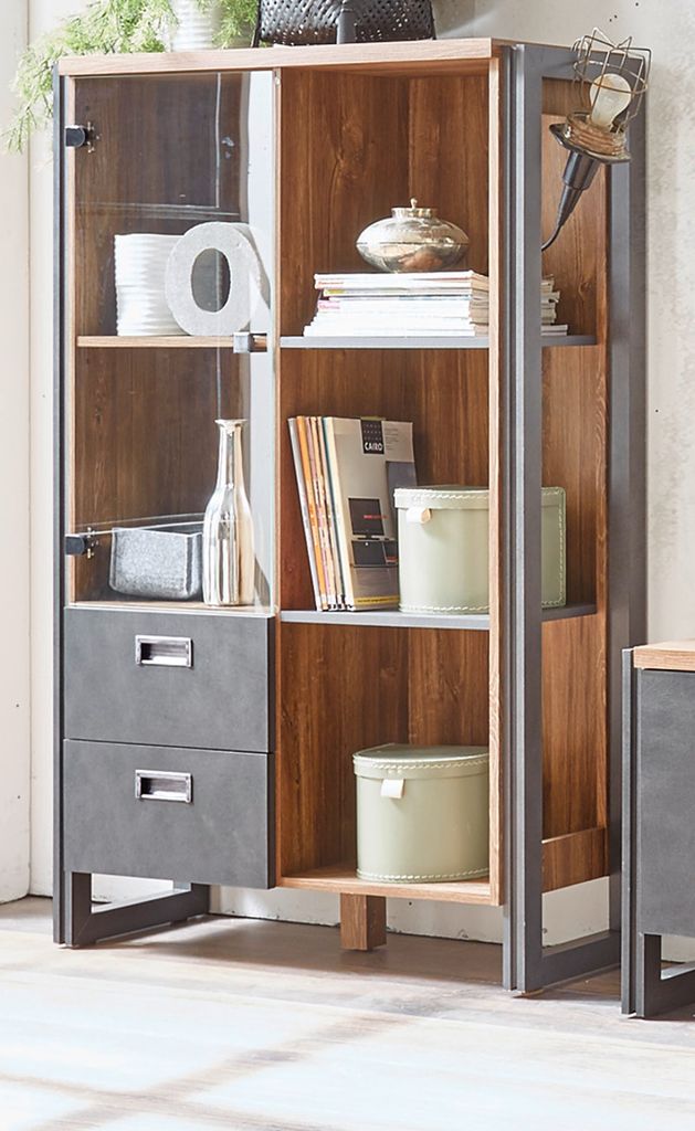 Highboard "Auburn" Eiche grau Vitrine mit Stauraum 90 x 140 cm