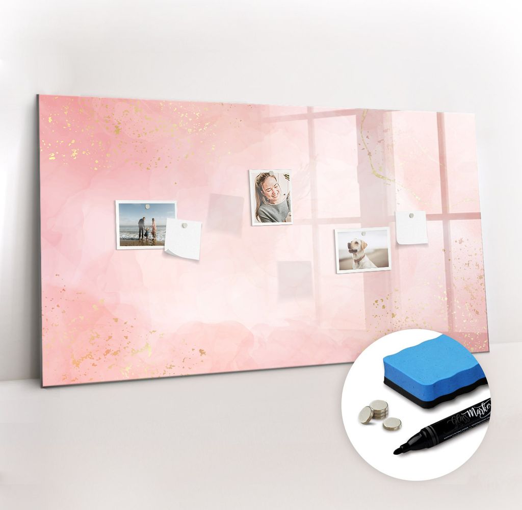 Magnetpinnwand Memoboard - Zubehörsatz - Schwarzer Marker + Schwamm + Magnete - 120 x 60 cm - Rosa Marmor