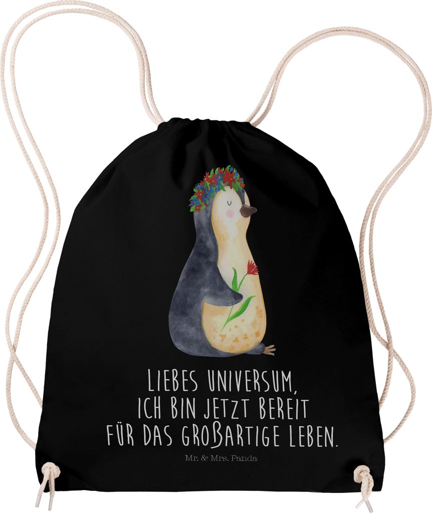 Mr. & Mrs. Panda Jutebeutel Pinguin Blumen - Schwarz - Geschenk, Positiv, Ziele, Liebeskummer, Sportbeutel, Turnbeutel, wander rucksack, festival t...