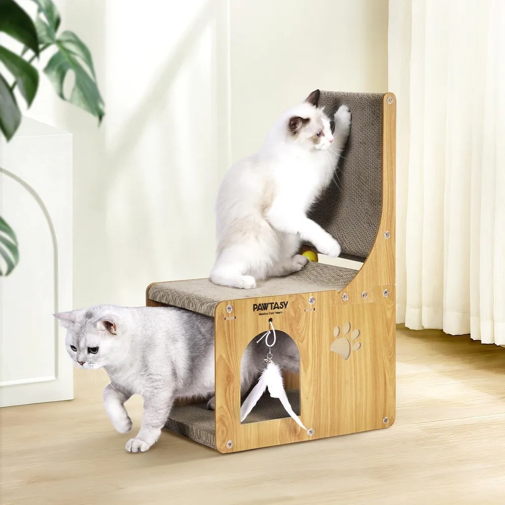 Griffoir en L 65 cm avec niche pour chat et balles de jeu suspendues