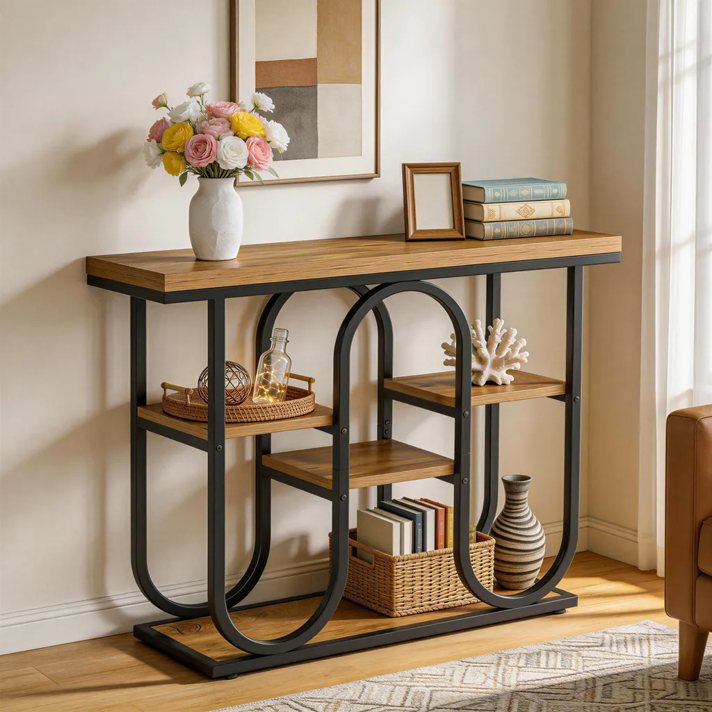 Table d'Entrée Rustique 105 cm avec Étagères de Rangement Ouvertes