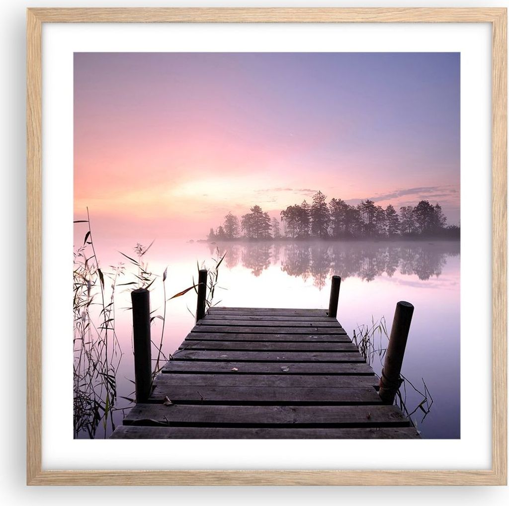 Gerahmtes Poster - Rahmen in heller Eiche - Morgen Sonnenaufgang Nebel See - 50x50 cm - Wand Bild - Wanddeko - Wandbilder - Wandposter - Bilderrahm...