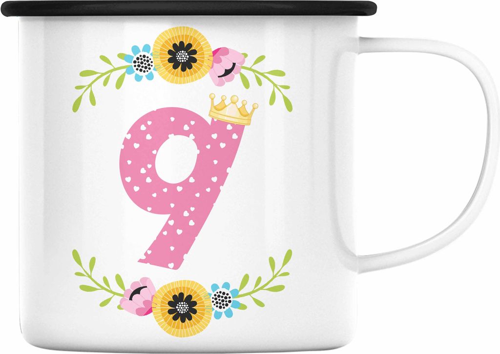 Trendation - 9. Geburtstag Mädchen Emaille Tasse Geschenk zum Neunten Geburtsagsparty Grafik Krone 9 Jahre Alt (Schwarz)