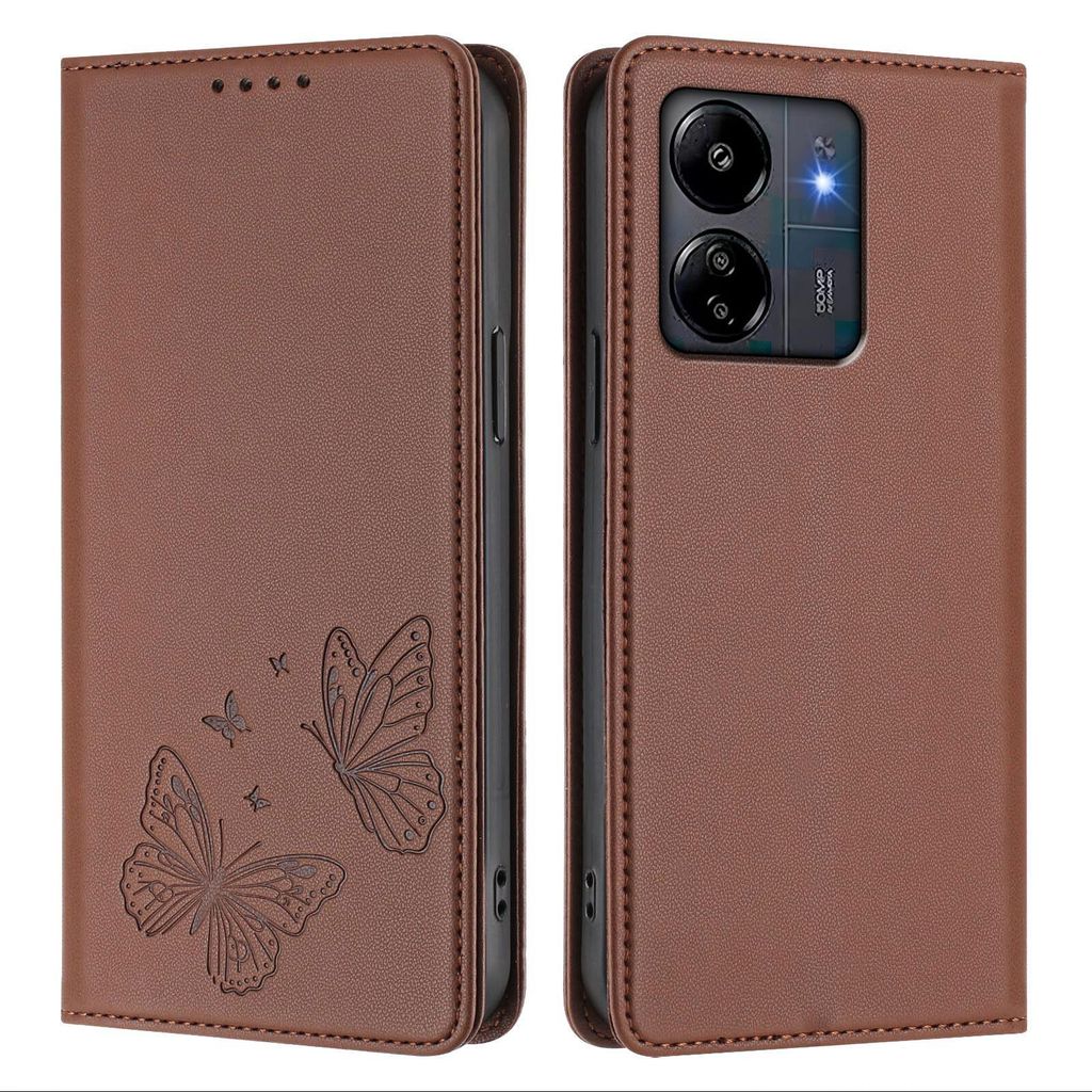 Lederhülle für Xiaomi Poco M6 5G/C65/Redmi 13C, Schmetterling Prägung Leder Brieftasche Schutzhülle mit Ständer Braun