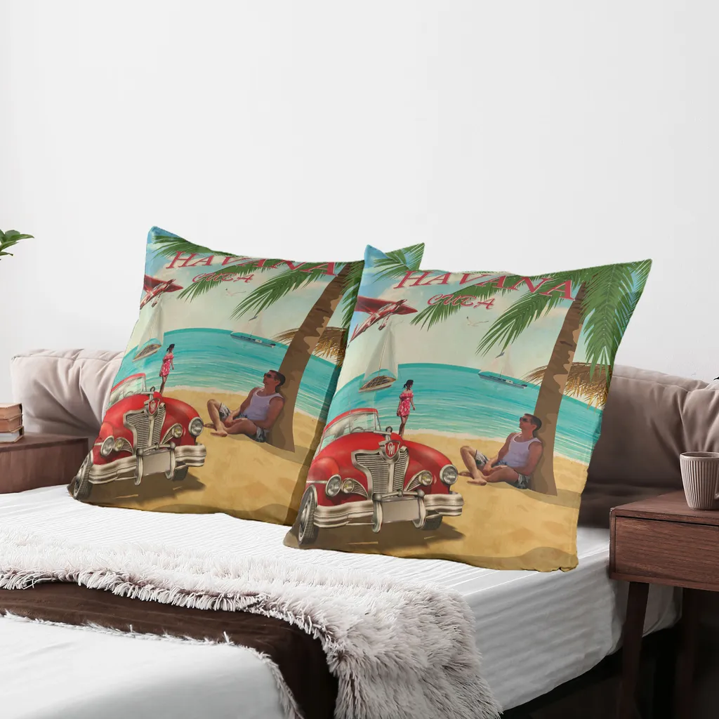 ABAKUHAUS Federa Cuscino Viaggio 90x40 Cm – Stampa Cuba Beach, Impermeabile, Fronte/Retro Con Cerniera