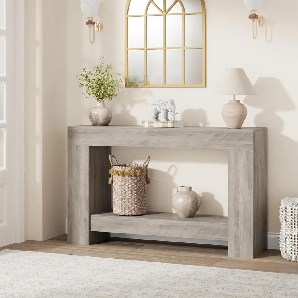 Konsolentisch aus Holz - Flurtisch mit 2 Ebenen - Länge 120 cm - Rechteckig - Für Wohnzimmer & Diele - Antiker Stil - Grau